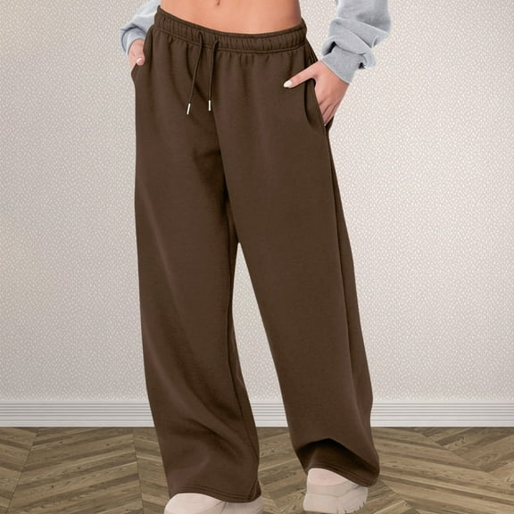Zunfeo Fleece Lined Sweatpants Women Warm Plush Wide Leg Pants Elastic High Waisted Trousers with Pockets