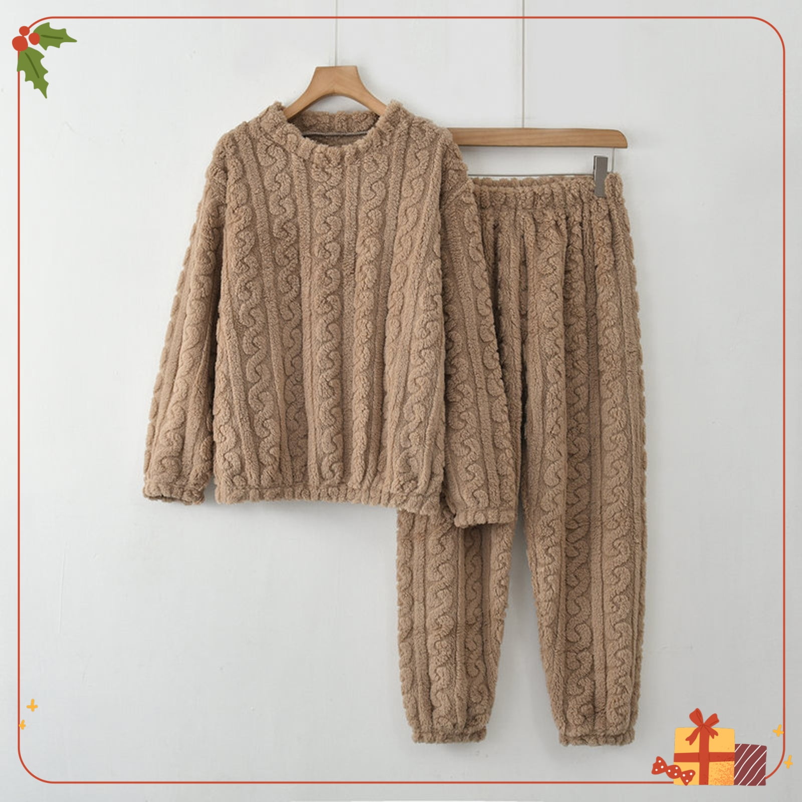 Zunfeo Fleece Pajamas for Women Warm Plush Sleepwear 2 Piece Loose Pullover Fall Winter Loungewear- Khaki One Size
