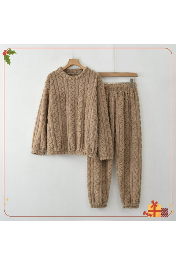 Fleece Pajamas for Women Warm Plush Sleepwear 2 Piece Loose Pullover Fall Winter Loungewear Khaki