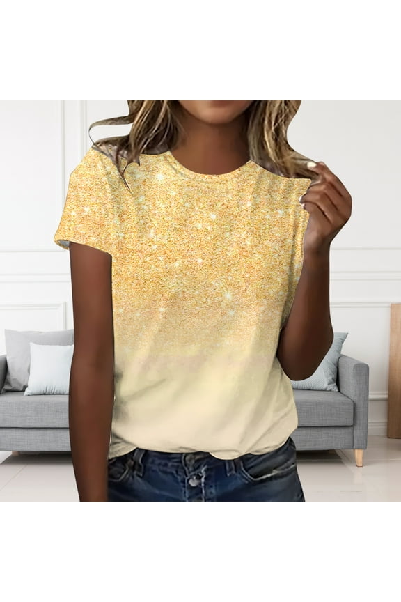 Juniors Tops Clothing Under $10 Short Sleeve Summer Tops 2025 Casual Women Tunic T Shirts Yellow 2XL