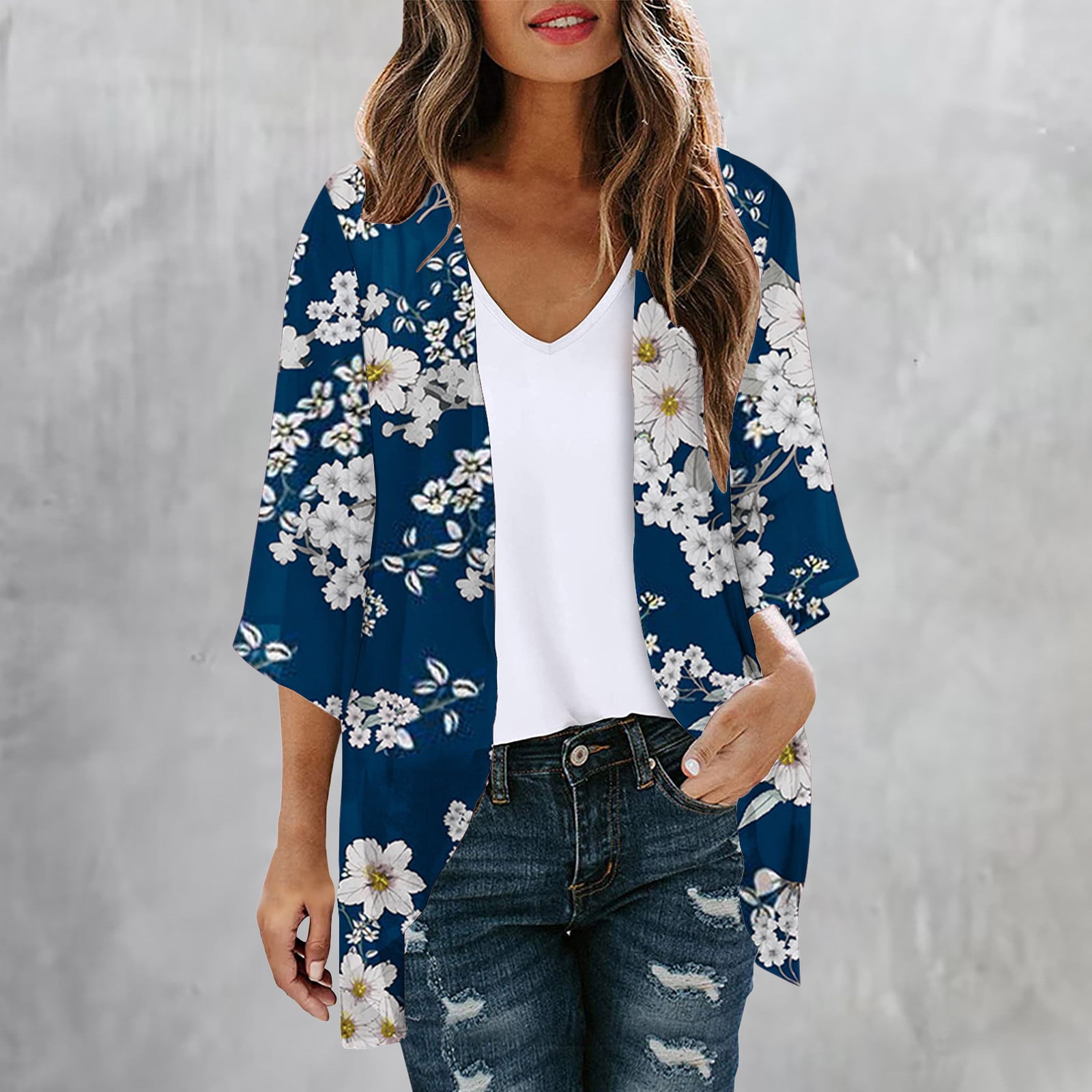 FINOCEANS Women's Floral Chiffon Kimono Cardigan - Loose Beach Cover Up In Grey, X-Large
