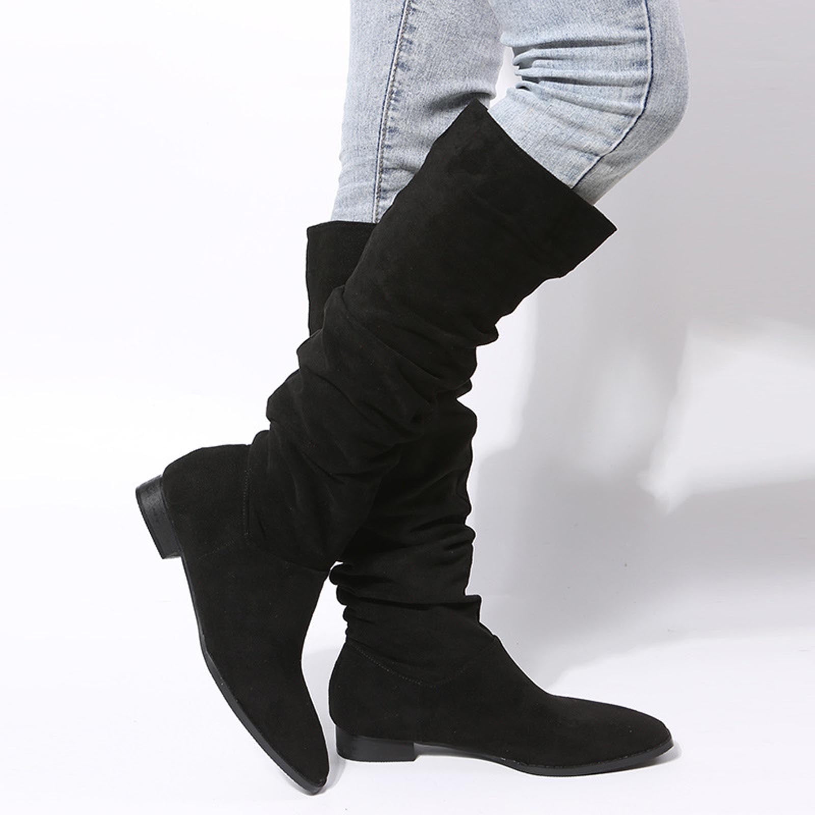 Fitoron Knee High Boots For Women Suede Slouch Boots Low Heel Fall Winter Cowgirls Boots 9723