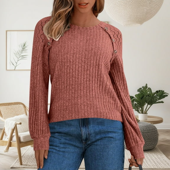 Zunfeo Knitted Tops for Women Long Sleeve Lace Fall Tops Crew Neck Pullover Dressy Blouse Watermelon Red S