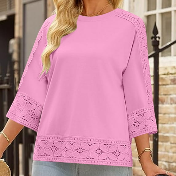 ZunFeo Lace Tops for Women Cotton Linen Dressy Blouse 3/4 Sleeve Summer Tops Pink 2XL