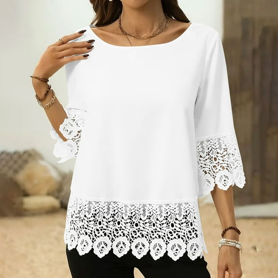 ZunFeo Lace Dressy Blouse for Women Lace 3/4 Length Sleeve Tops Casual Summer Tunic Shirts White