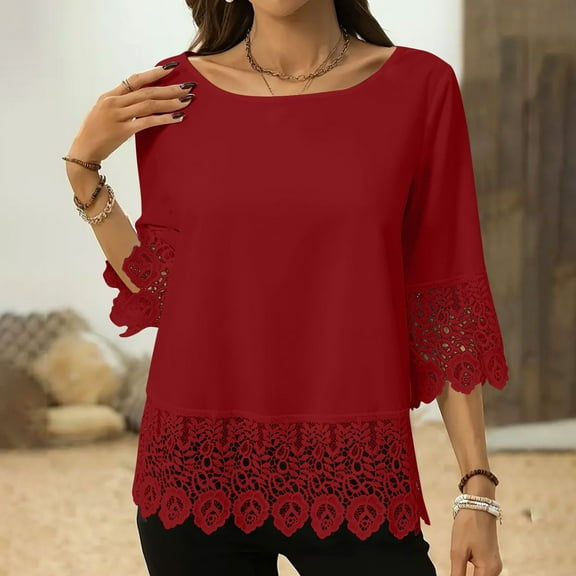 ZunFeo Lace Dressy Blouse for Women Lace 3/4 Length Sleeve Tops Casual Summer Tunic Shirts Wine