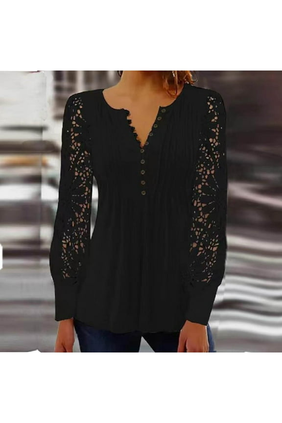 Lace Tops for Women Puff Sleeve Dressy Blouse Snug Button Pleated Tops, Black XL