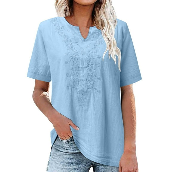 Zunfeo Linen Tops for Women Summer Ladies Tops Under $10 Boho Embroidery Short Sleeve Blouses Light Blue M