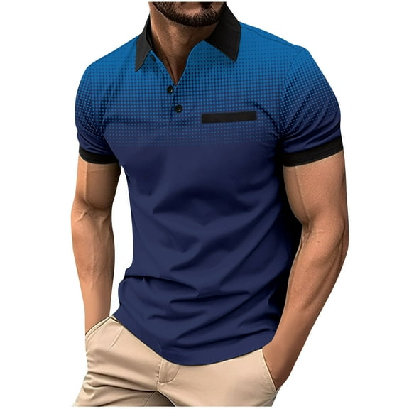 Zunfeo Mens Casual T-Shirts- Fashion Polo Shirts Leisure Top Gradient Pullover Turn-Down Collar Short Sleeve Jacket Navy