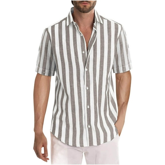 Zunfeo Mens Short Sleeve Button Down Shirts Short Sleeve Collar Dress Shirts Striped Beach Hawaiian Shirts Clearance- Brown 14