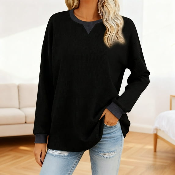 Zunfeo Waffle Long Sleeve Shirts for Women Casual Oversized Fall Tops Lightweight Pulover Sweatshirts Black 2XL
