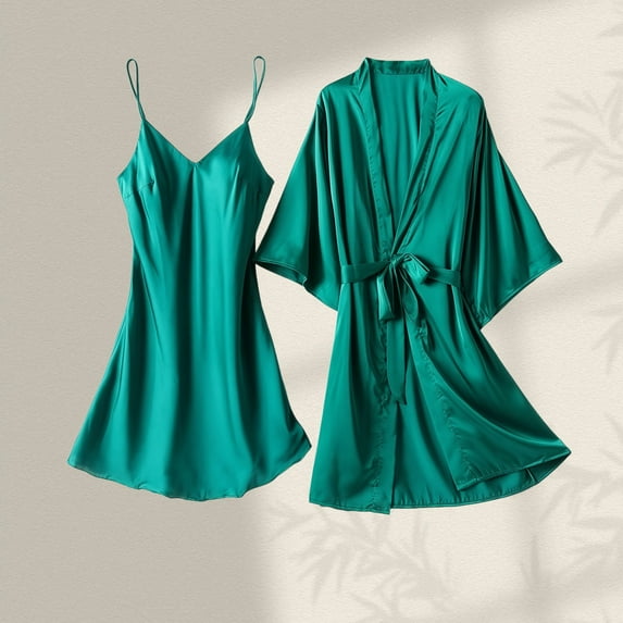 Zunfeo Satin Nightgown for Women Elegant Lace-up Silk Kimono Robes Cozy Pajama Sleepwear 2 Piece Set