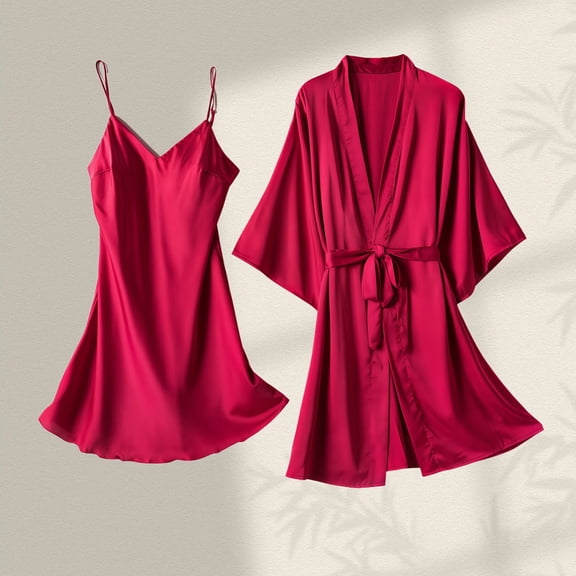 Zunfeo Satin Nightgown for Women Elegant Lace-up Silk Kimono Robes Cozy Pajama Sleepwear 2 Piece Set