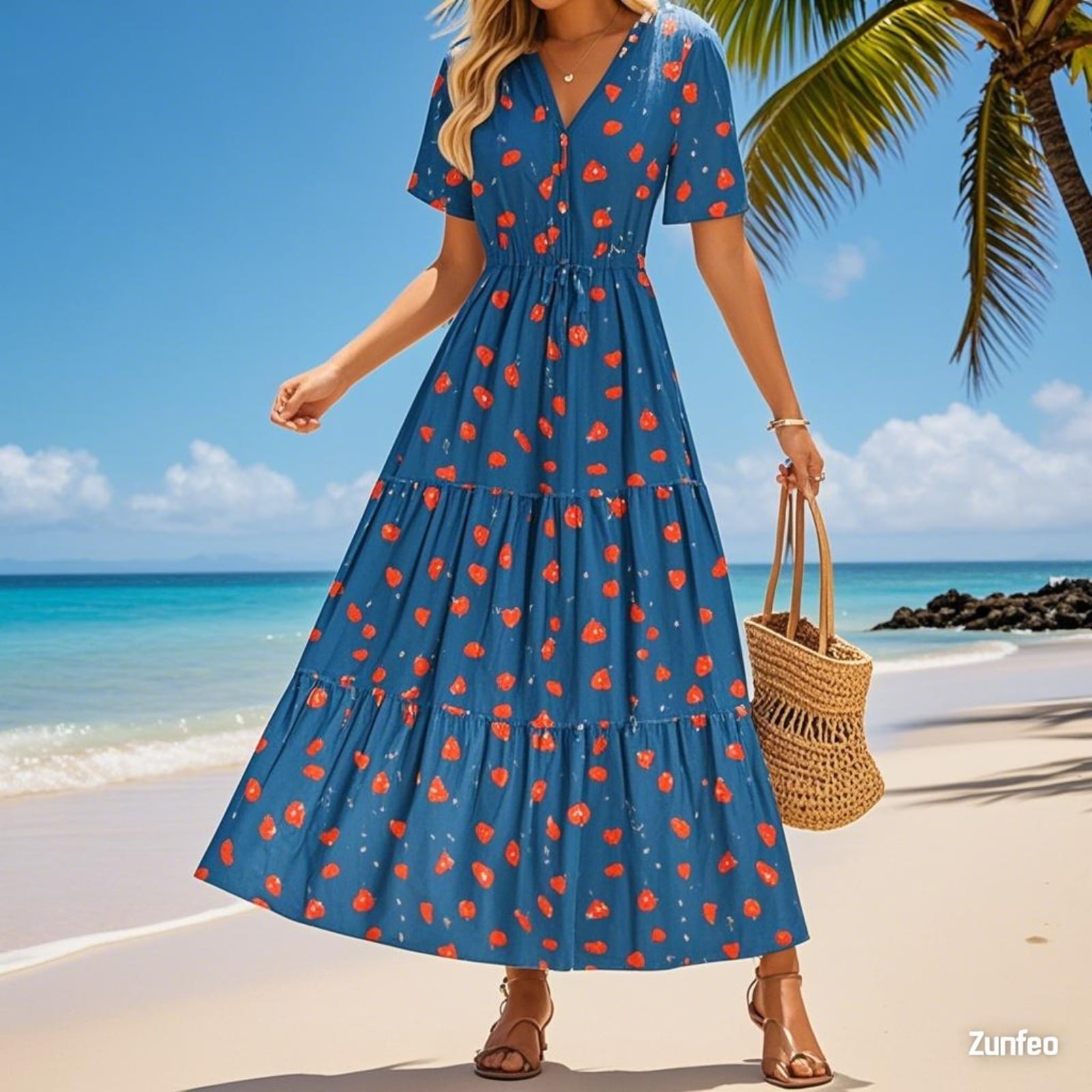 Zunfeo Summer Dresses for Women Boho Beach Floral Printed Sundress Short Sleeve V-Neck Maxi Dress for Vacation Travel Navy 2XL, Women's, Blue