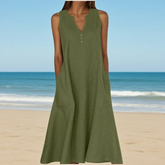 Zunfeo Summer Dresses for Women Cotton Linen Dress 2025 Beach Vacation Sleeveless Boho Sundress Army Green 4XL