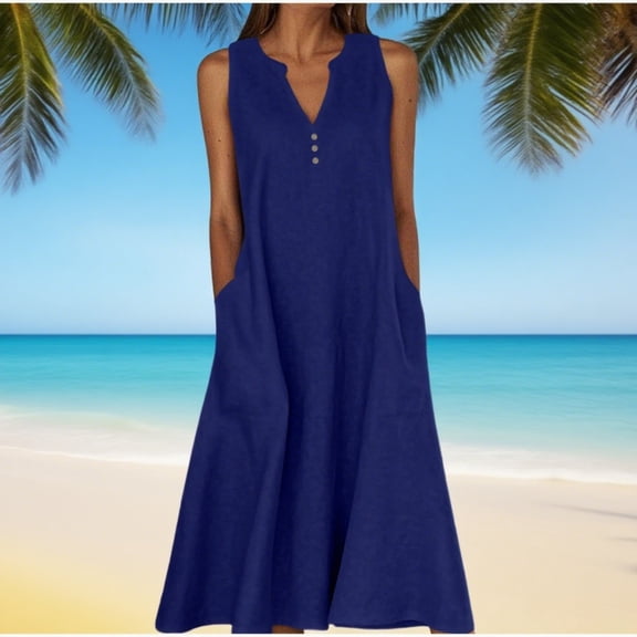 Zunfeo Summer Dresses for Women Cotton Linen Dress 2025 Beach Vacation Sleeveless Boho Sundress Navy L