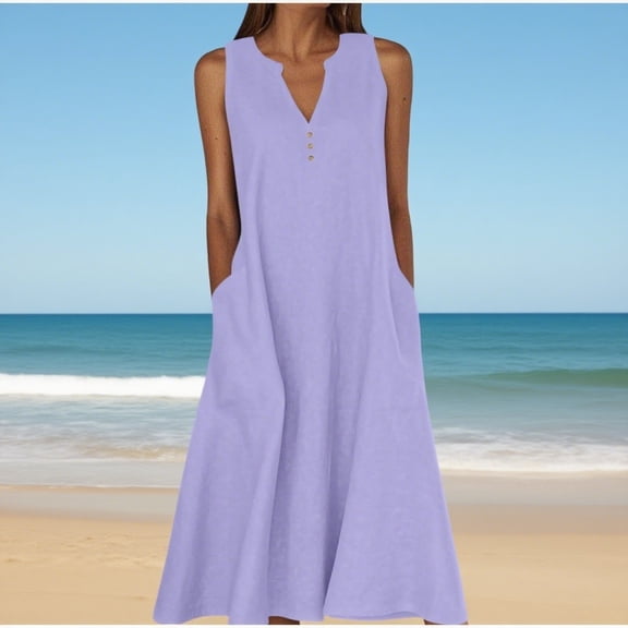 Zunfeo Summer Dresses for Women Cotton Linen Dress 2025 Beach Vacation Sleeveless Boho Sundress Purple 4XL