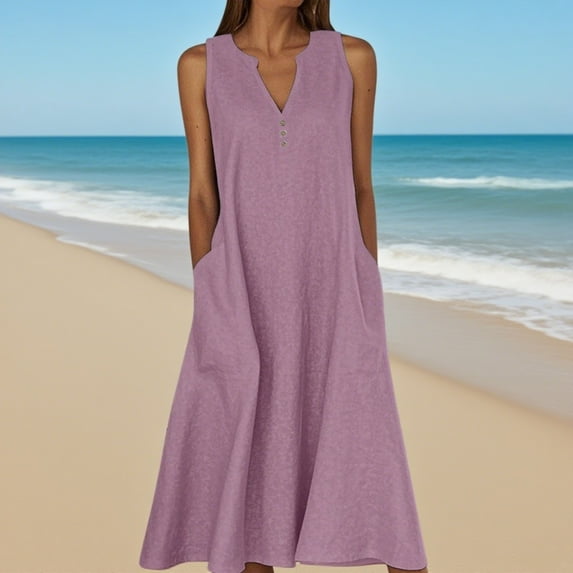 Zunfeo Summer Dresses for Women Cotton Linen Dress 2025 Beach Vacation Sleeveless Boho Sundress Purple L