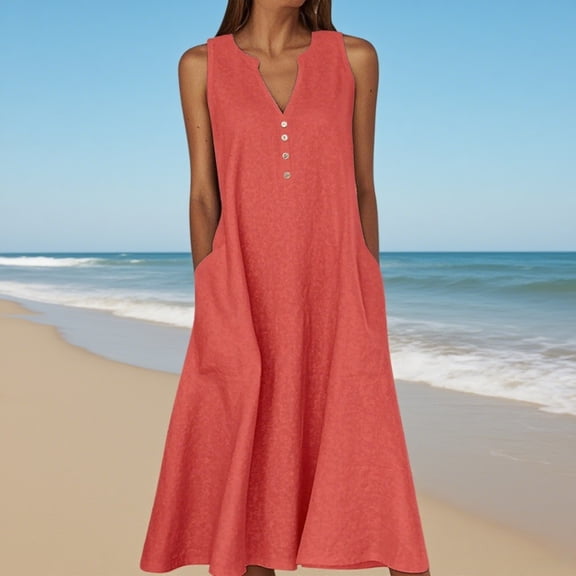 Zunfeo Summer Dresses for Women Cotton Linen Dress 2025 Beach Vacation Sleeveless Boho Sundress Red 2XL