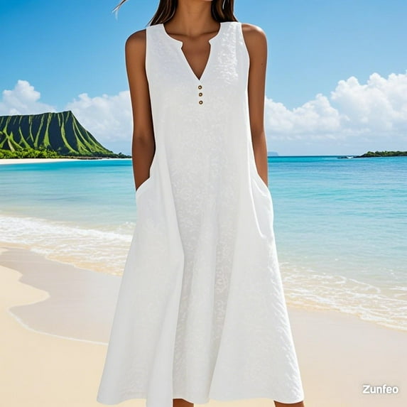 Zunfeo Summer Dresses for Women Cotton Linen Dress 2025 Beach Vacation Sleeveless Boho Sundress White S