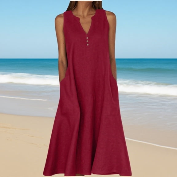 Zunfeo Summer Dresses for Women Cotton Linen Dress 2025 Beach Vacation Sleeveless Boho Sundress Wine S