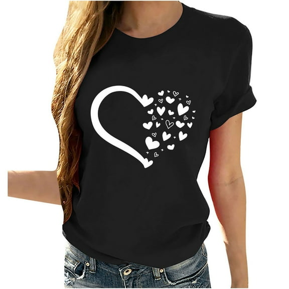 Zunfeo Cotton Tops for Women Casual Short Sleeve Summer Tops Cute Love Heart Graphic T Shirts Valentine's Day Gift Black 2XL