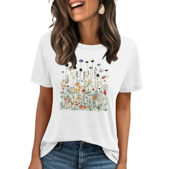 Zunfeo Summer Tops for Women 2025 Casual Cozy Floral Tops Short Sleeve Graphic T Shirts New Arrivals White S