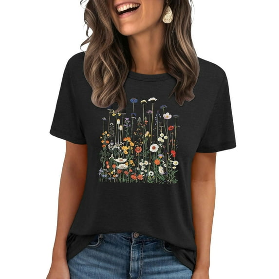 Zunfeo Summer Tops for Women 2025 Casual Cozy Floral Tops Short Sleeve Graphic T Shirts New Arrivals Black S