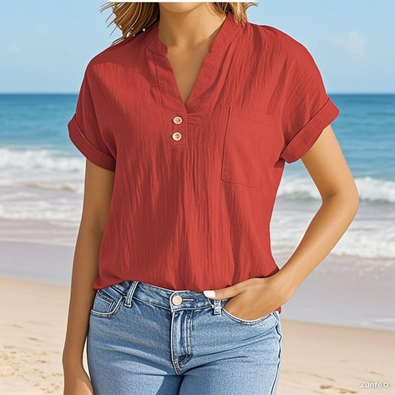 Zunfeo Summer Tops for Women Short Sleeve Cotton Linen Shirts Cozy Beach Button Down Blouse 2025 Red XL