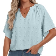 Selowin Women's Summer Floral Blouse - V Neck Tie Front, Ruffle Short Sleeve Top, Blue, Medium
