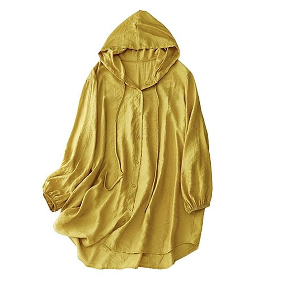 Zunfeo Sun Protection Clothing Women Lightweight Cotton Linen Blouse Hooded Summer Button Down Shirts Yellow