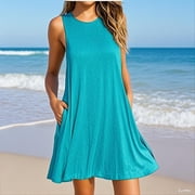 Sundresses for Women 2025 Summer Casual Sleeveless Dress A-line Vacation Beach Sundress with Pockets Blue XL