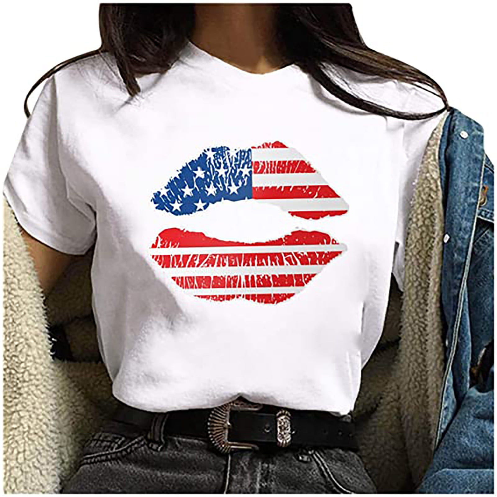 Bwndum T Shirts for Women Printed Loose Funny Tops Independence Day Crew Neck Pullover Short Sleeve T Shirts White 4 Walmart