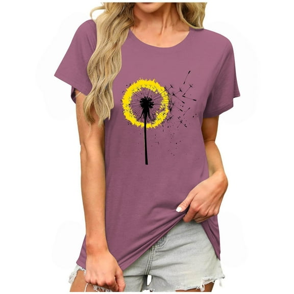 Zunfeo Summer Tops for Women 2025 Short Sleeve Graphic T Shirts Casual Cozy Flroal Ladies Shirts Purple XL