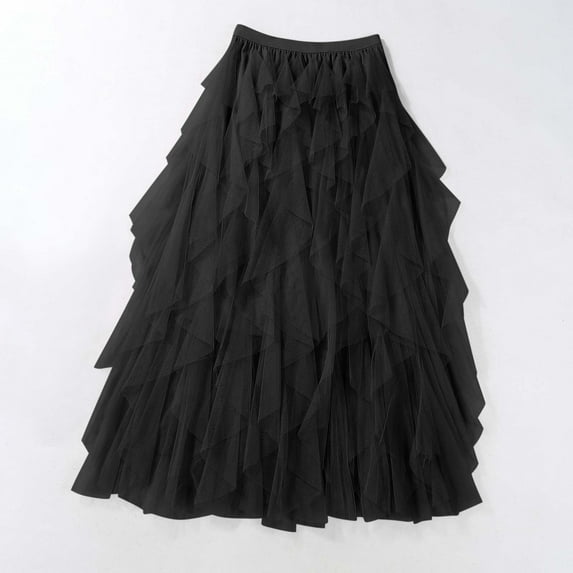 Zunfeo Tulle Skirts for Women Trendy Layered Tiered Skirt Elastic Waist Mid Flare Skirts- Black One Size
