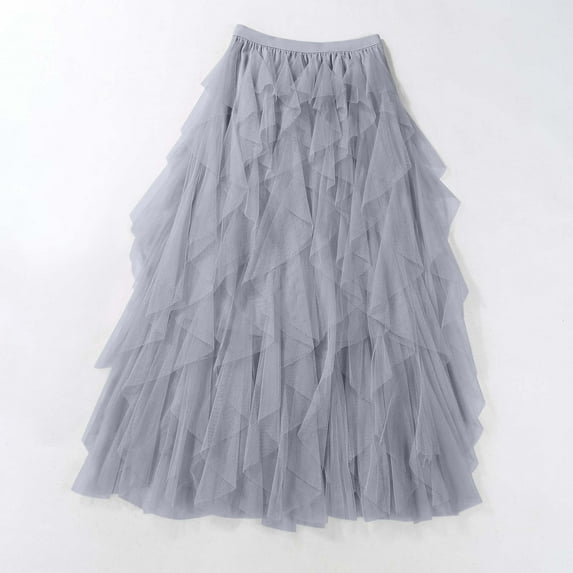 Zunfeo Tulle Skirts for Women Trendy Layered Tiered Skirt Elastic Waist Mid Flare Skirts- Gray One Size