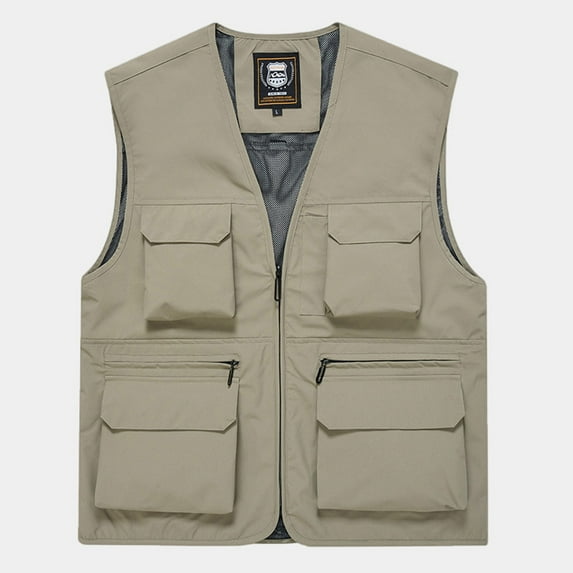 Zunfeo Vest for Men- Cargo Vest Lightweight Quick Dry Solid Sleeveless V-Neck Relaxed Fit Zip-up Travel Hunting Waistcoat Khaki 5XL