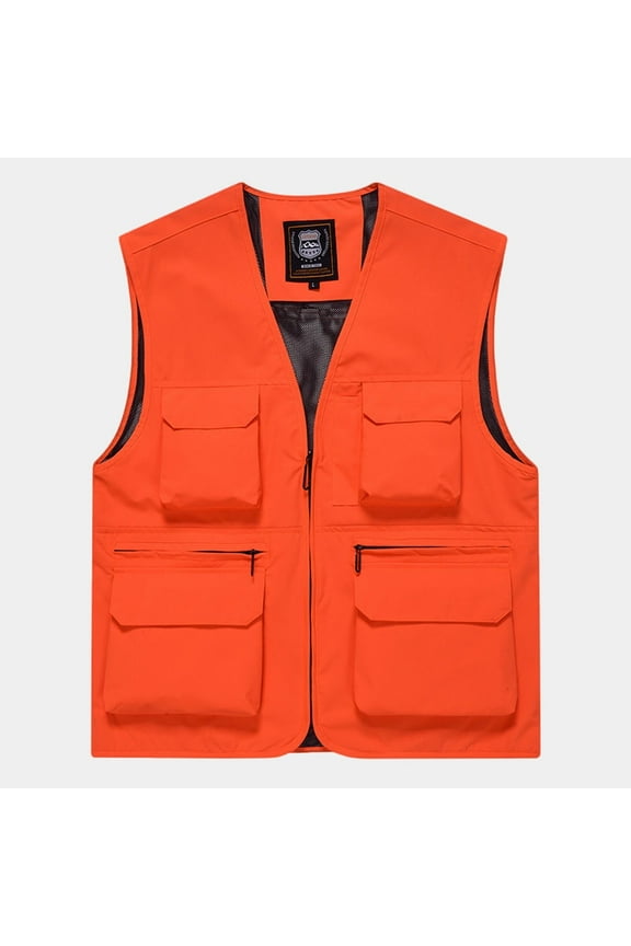 Vest for Men- Quick Dry Relaxed Fit Lightweight Solid Sleeveless Cargo Vest V-Neck Zip-up Travel Hunting Waistcoat Orange 4XL