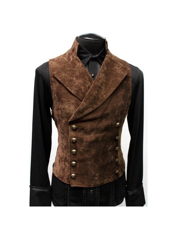 Vest for Men Suede- Slim Fit Lapel Solid Double Breasted Steampunk Vintage Sleeveless Button Down Waistcoat Vest Brown XL