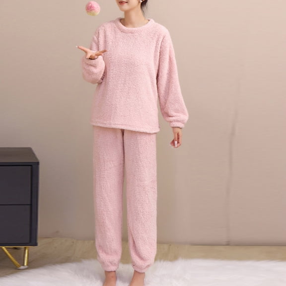 Zunfeo Winter Autumn Womens Soft Warm Plush Loungewear Set - 100% Polyester,Pullover Top & Jogger Pants, Pink,S-M