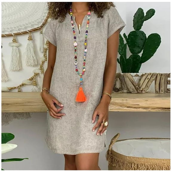 Zunfeo Women Beach Dress Summer Casual Loose Mini Dress Short Sleeve V-Neck Comfy Holiday Sundress Solid Dress for Vacation
