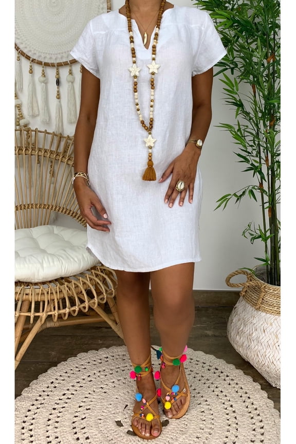 Zunfeo Women Beach Dress Summer Casual Loose Mini Dress Short Sleeve V-Neck Comfy Holiday Sundress Solid Dress for Vacation