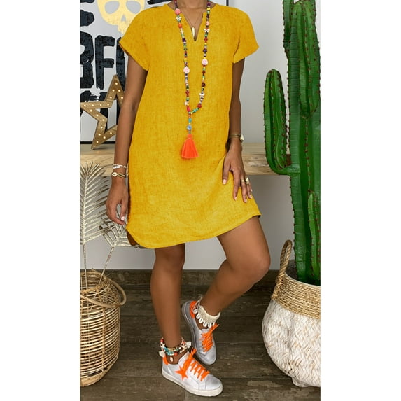 Zunfeo Women Beach Dress Summer Casual Loose Mini Dress Short Sleeve V-Neck Comfy HolidaySundress Solid Shift Dress for Vacation