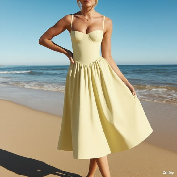 Zunfeo Party Dresses for Women 2025 Summer Vacation Beach Dress Vintage Lace-up Dress for Wedding Guest Yellow 2XL