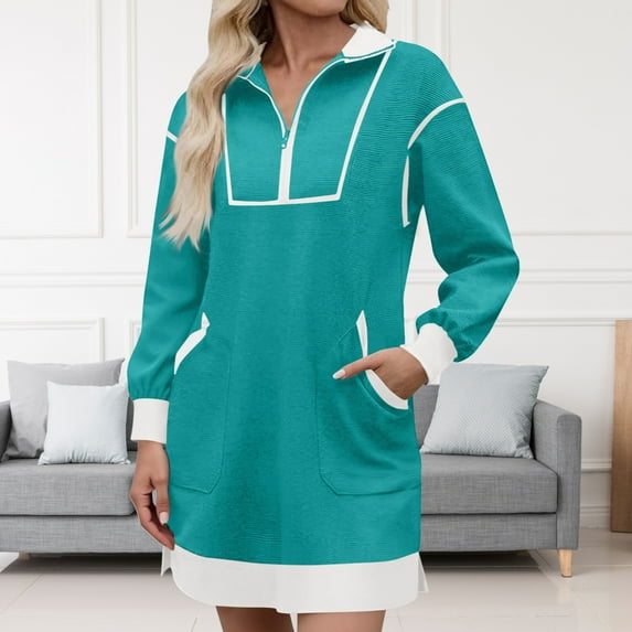 Zunfeo Women's Casual Corduroy Dress Long Sleeve Half-Zip Loose Knee-Length Fall Winter Dress with Pockets, Sports Cozy Daily Wear Blue L