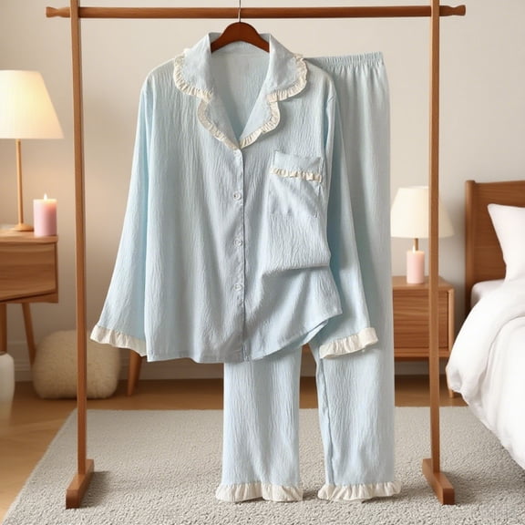 ZunFeo Women's 100% Cotton 2-Piece Pajama Set - Long Sleeve with Ruffle Trim, Size L, Blue, Cozy for Sleep & Lounging