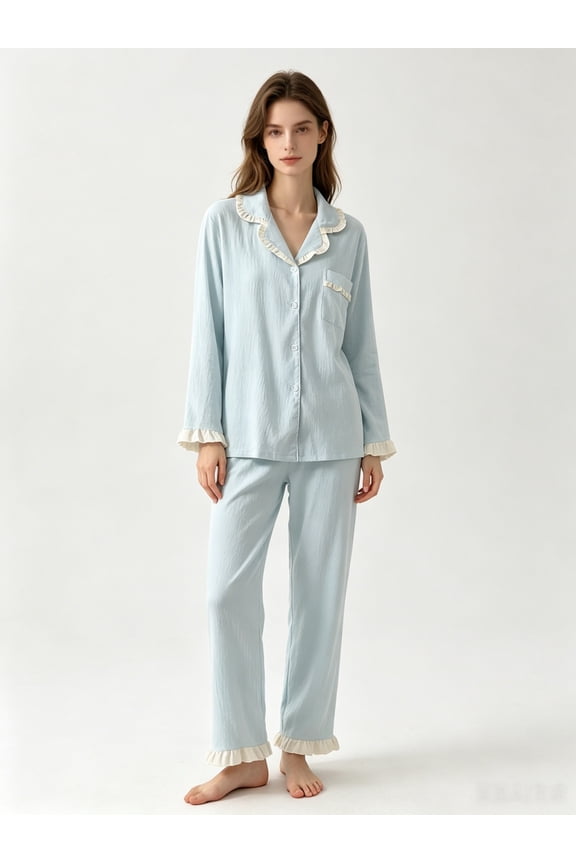 Women's Cotton 2-Piece Pajama Set - Long Sleeve with Ruffle Trim & Chest Pocket, Cozy Cotton Loungewear for Sleep & Home Relaxing,Blue Size L