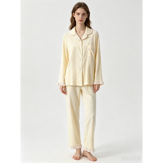 ZunFeo Women's Cotton Pajama Set - Two Piece Long Sleeve Sleepwear with Ruffle Trim,Soft Breathable Loungewear for Sleep & Home,Yellow Size XL