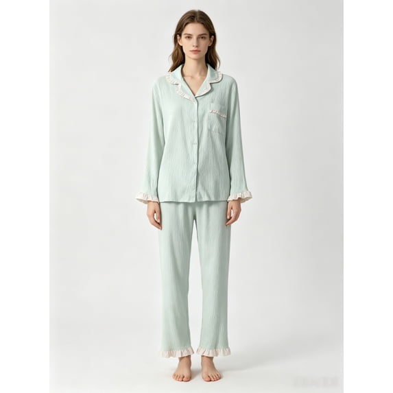 ZunFeo Women's 100% Cotton Two-Piece Pajama Set - Size XL, Green, Ruffle Trim, Soft Breathable