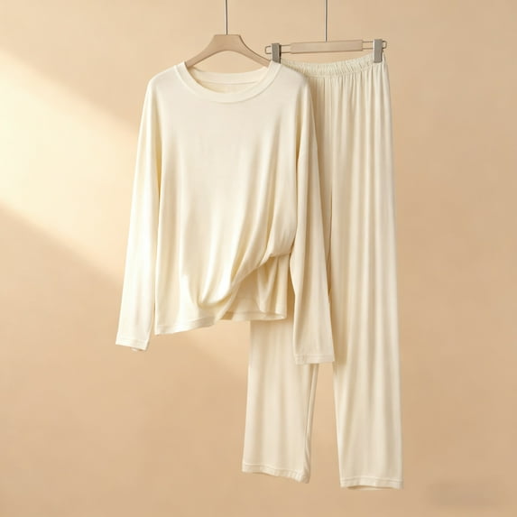 Zunfeo Women’s 2-Piece Loungewear Set 2XL Beige - Ultra-Soft Breathable Modal Cotton Polyester Blend, Long-Sleeve Top & Elastic Waist Pants for Sleep/Lounging/WFH